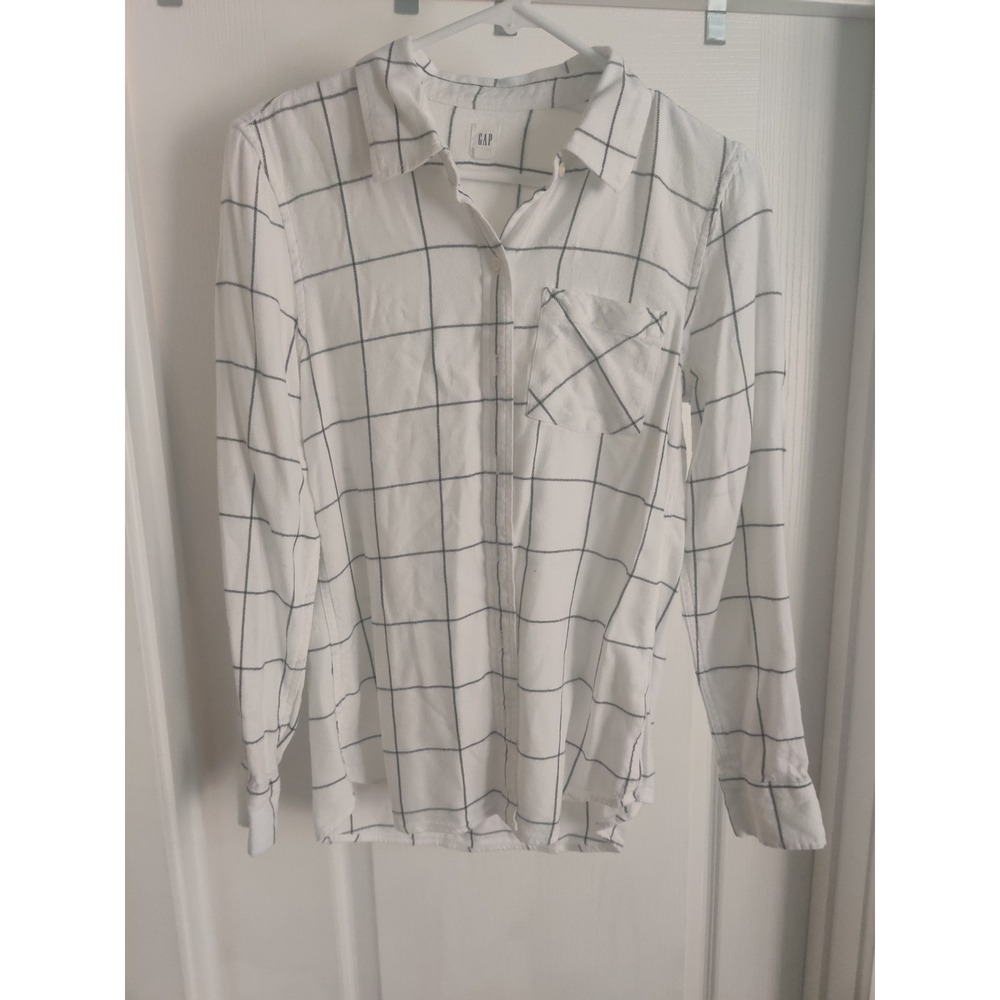 Gap Mens Small White Charcoal Windowpane Check Long‎ Sleeve Button Down Shirt